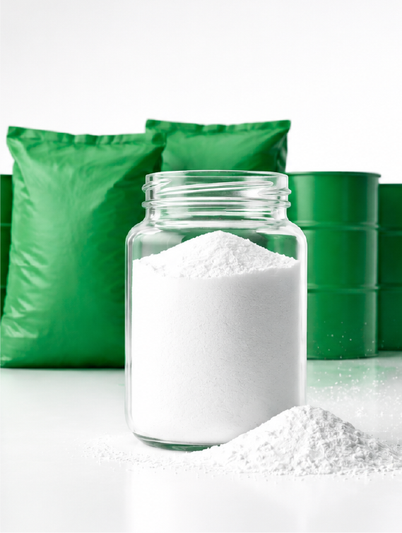 Food-grade SMBS white powder in a glass jar with GreenChem bulk packaging